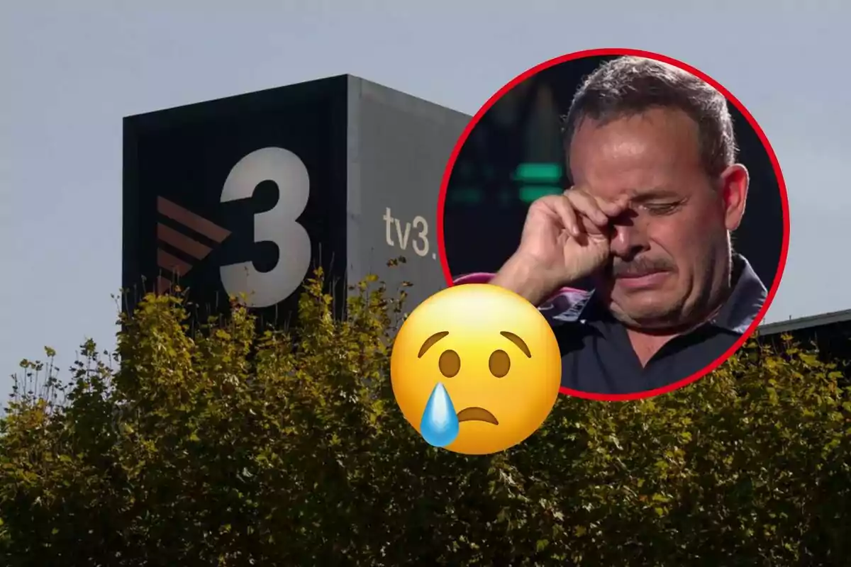 Un edificio con el logo de TV3 y un hombre llorando dentro de un círculo rojo con un emoji de cara triste.