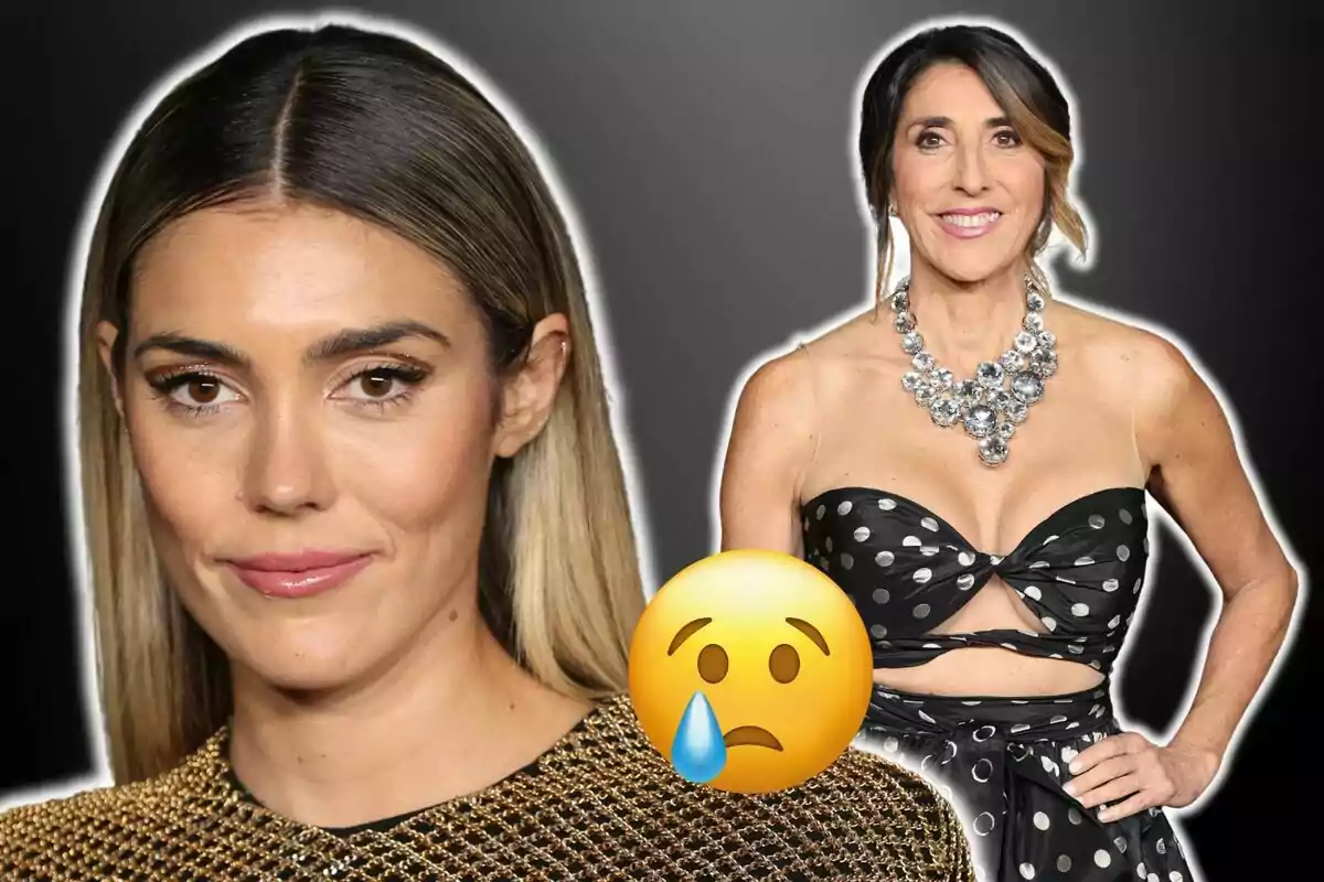 Dos mujeres posando, una con un vestido dorado y la otra con un vestido negro de lunares, con un emoji de cara triste y una lágrima en el centro.