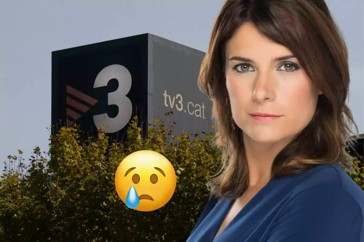 Una mujer con expresión seria frente a un edificio de TV3 y un emoji triste.