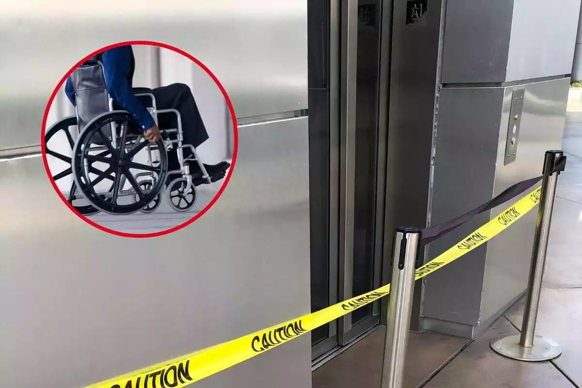 Montaje fotográfico entre una imagen de un ascensor y una imagen de una persona en silla de ruedas