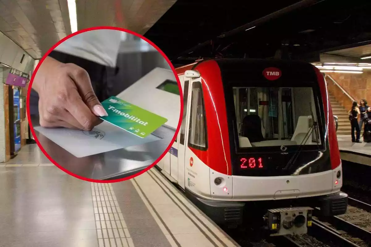 Montaje fotográfico entre un metro de Barcelona y una persona pasando la tarjeta del metro