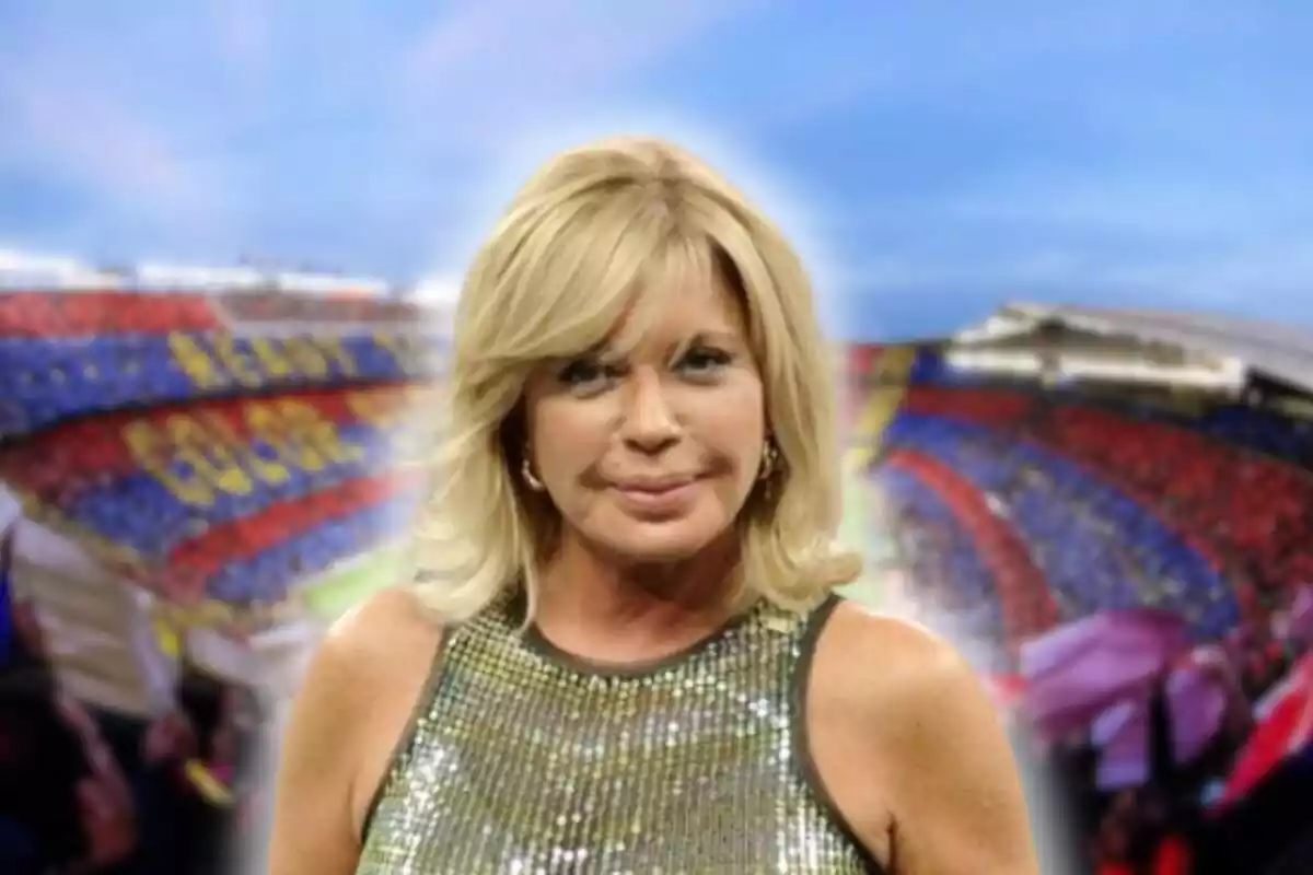 Fotomontaje de una imagen de Bárbara Rey y detrás el Camp Nou