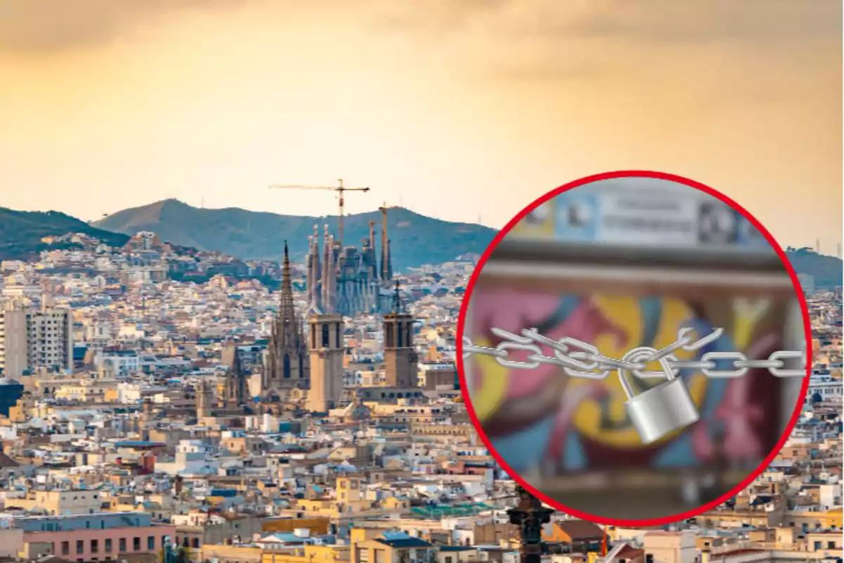 Fotomontaje con una imagen de Barcelona y una foto difuminada de Calzados Cubedo que ha cerrado