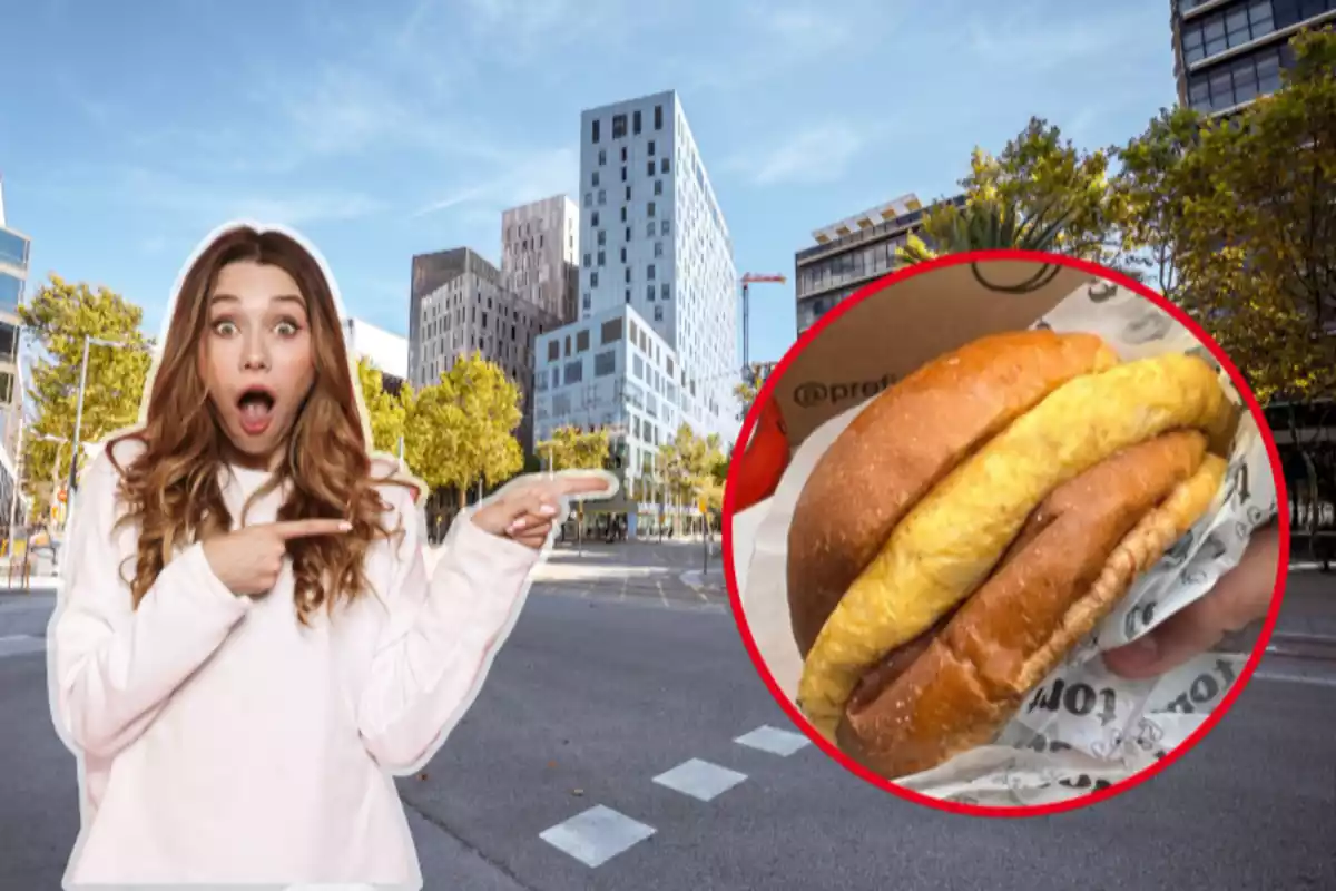 Fotomontaje de un fondo de Barcelona, una mujer sorprendida y una captura de pantalla de una imagen de Tort