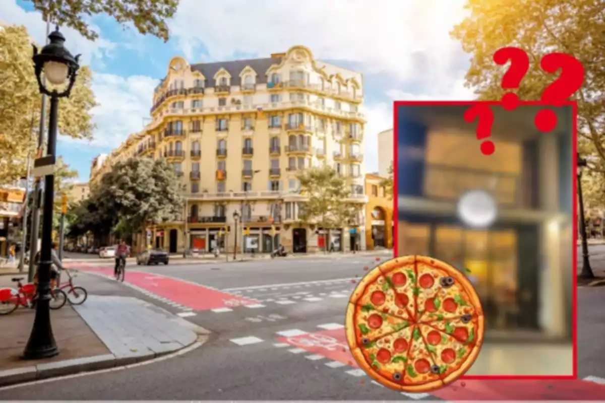 Fotomontaje con un fondo de Barcelona, una imagen difuminada de la pizzería Mama con interrogantes y una pizza