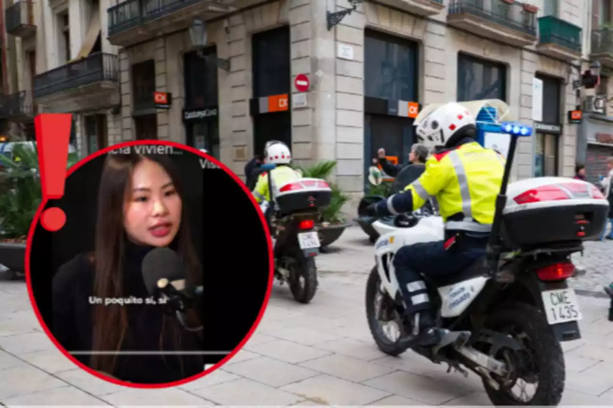 Fotomontaje con un fondo de Barcelona con policías y una foto enmarcada con una exclamación de una chica china