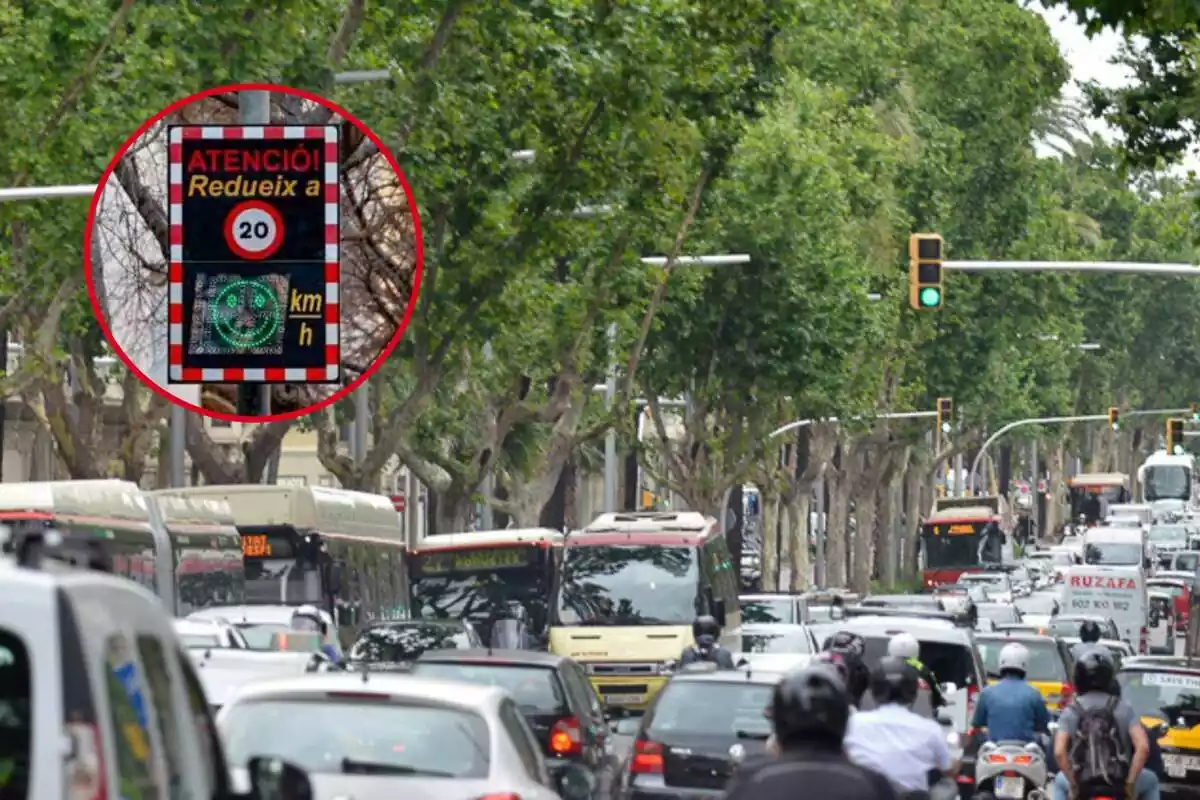 Montaje fotográfico entre una imagen del tráfico de Barcelona y una imagen de los nuevos radares