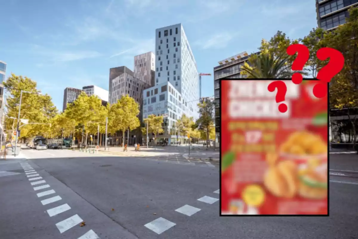 Fotomontaje con un fondo de Barcelona y una imagen difuminada del nuevo restaurante de pollo frito chino y signos de interrogación