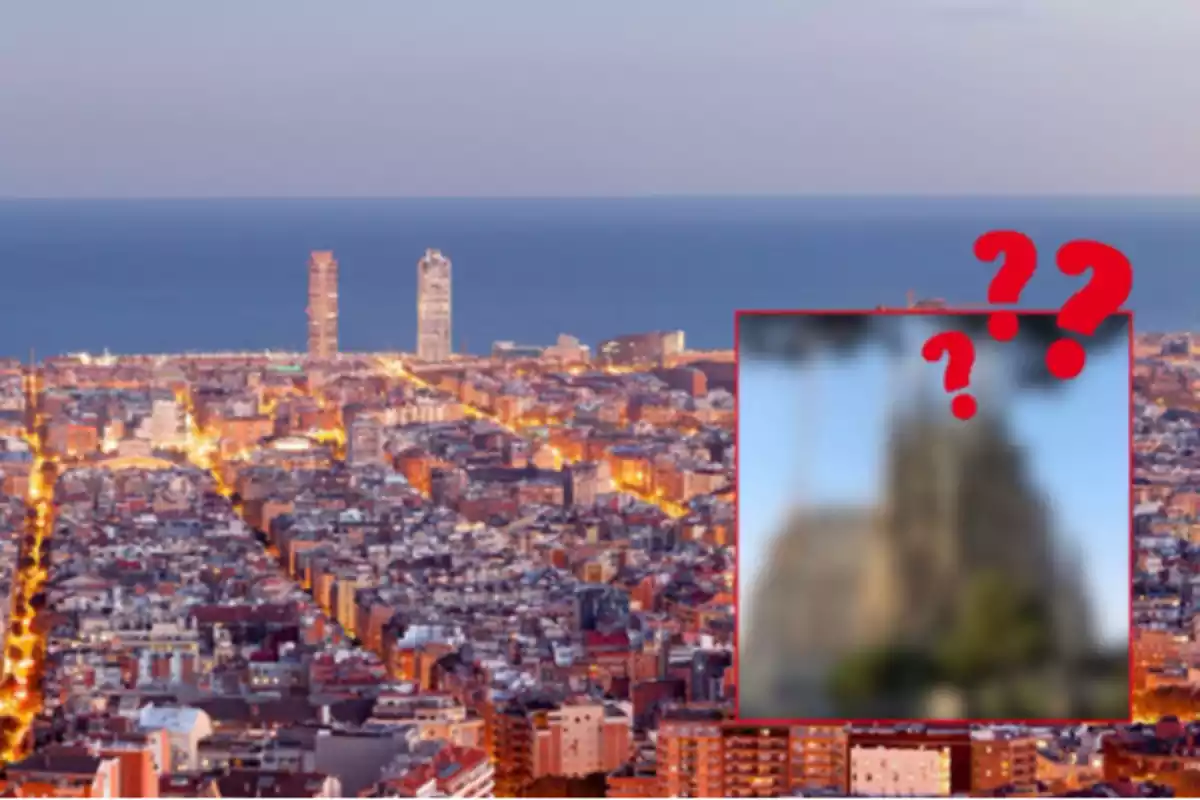 Fotomontaje con un fondo de Barcelona y una foto de la Sagrada Familia difuminada y con signos de interrogación