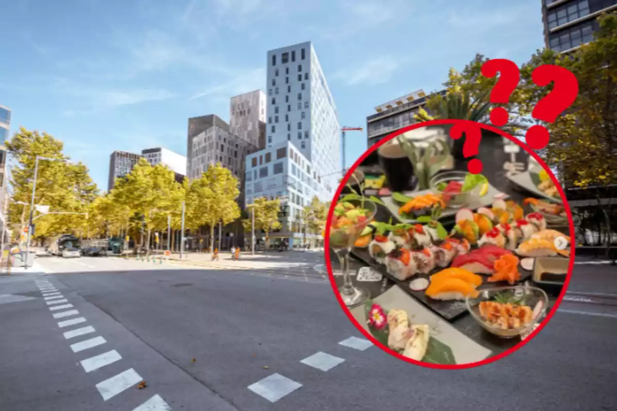 Fotomontaje con un fondo de Barcelona y una foto de una mesa repleta de sushi de Undécimo sushi en Barcelona