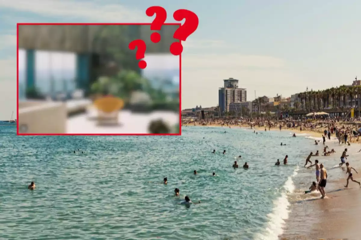 Fotomontaje con la playa de la Barceloneta de fondo, una foto difuminada del restaurante Azul Rooftop y signos de interrogación