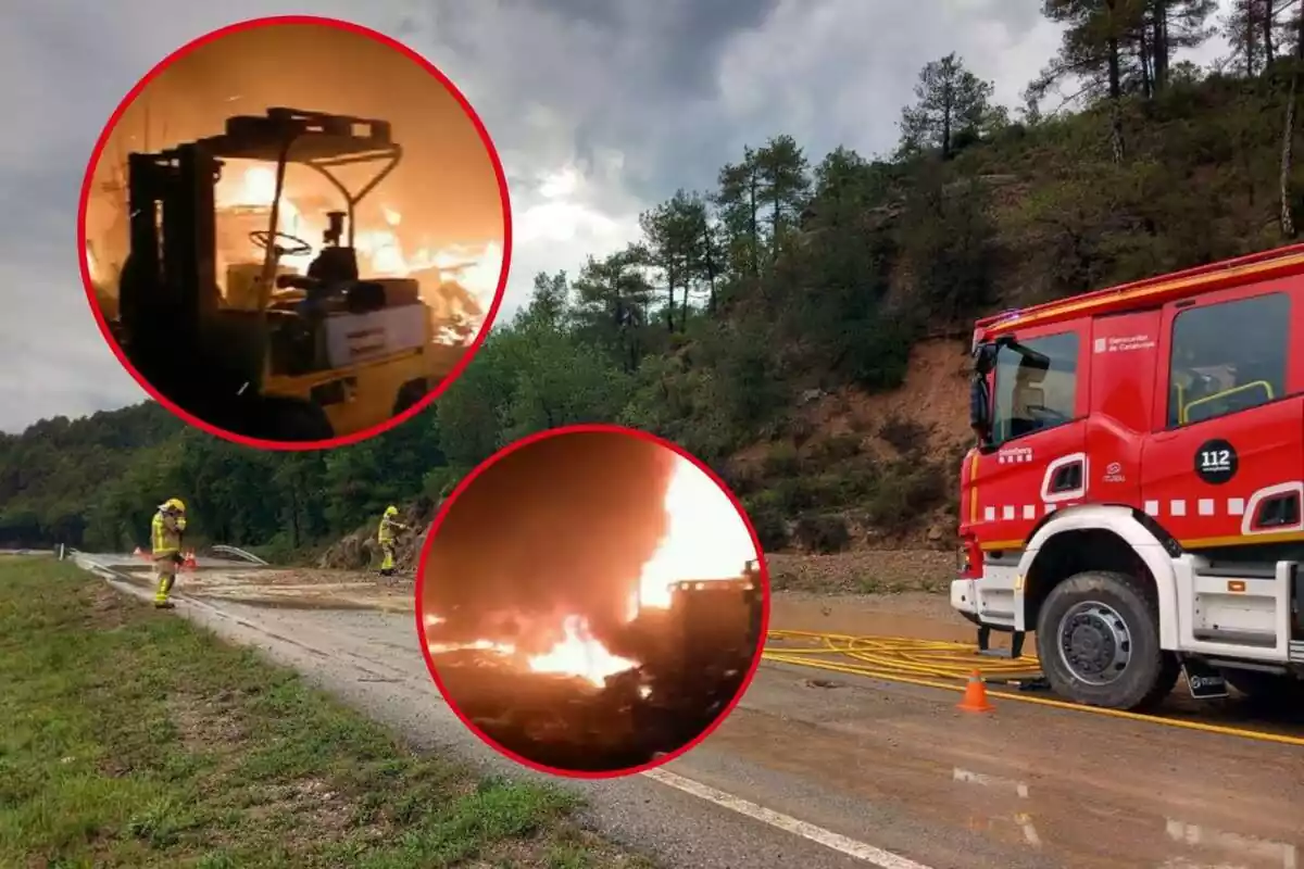 Montaje fotográfico de una imagen de los Bomberos e imágenes de un incendio