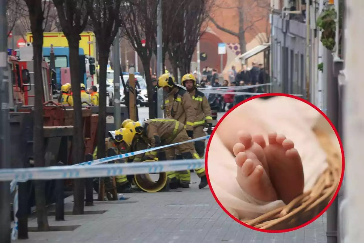 Fotomontaje de una foto de la ACN de los bomberos trabajando en el derrumbamiento de un edificio en Badalona con una fotografía de los pies de un bebé