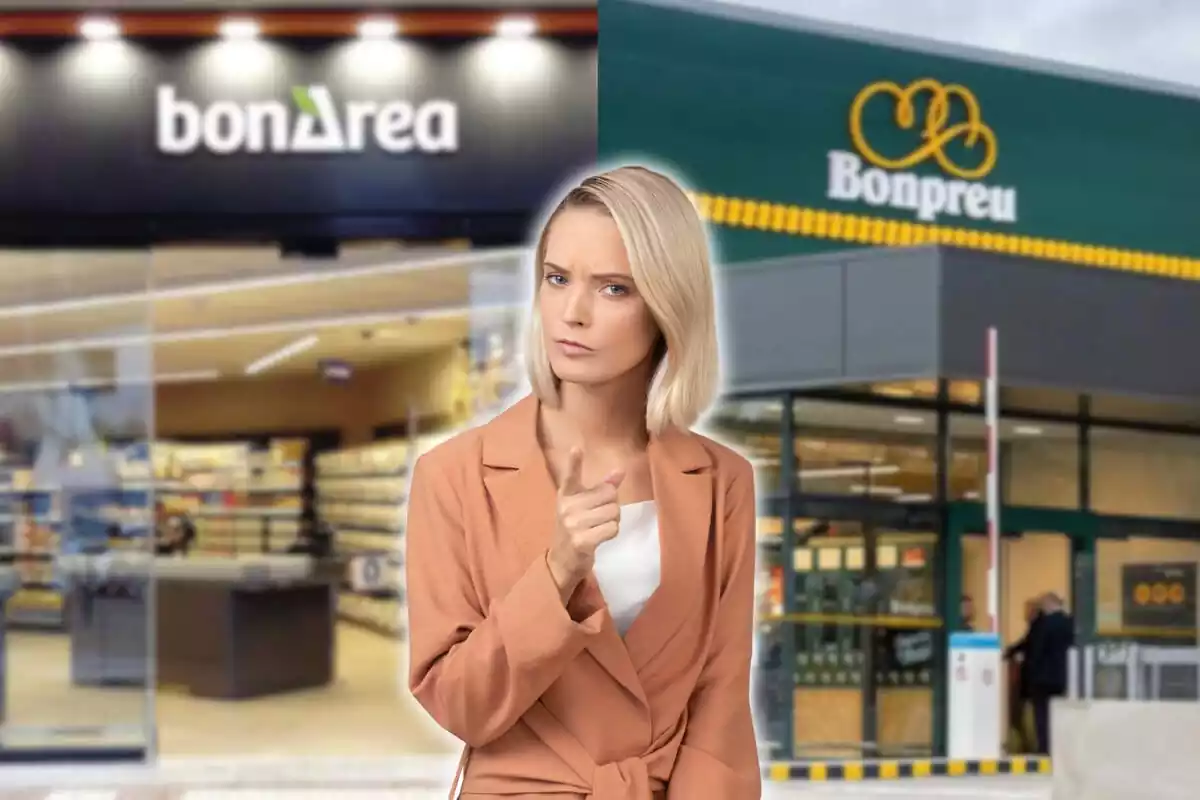Montaje fotográfico entre dos imágenes de un supermercado bonprecio y un bonarea y una persona enfrente