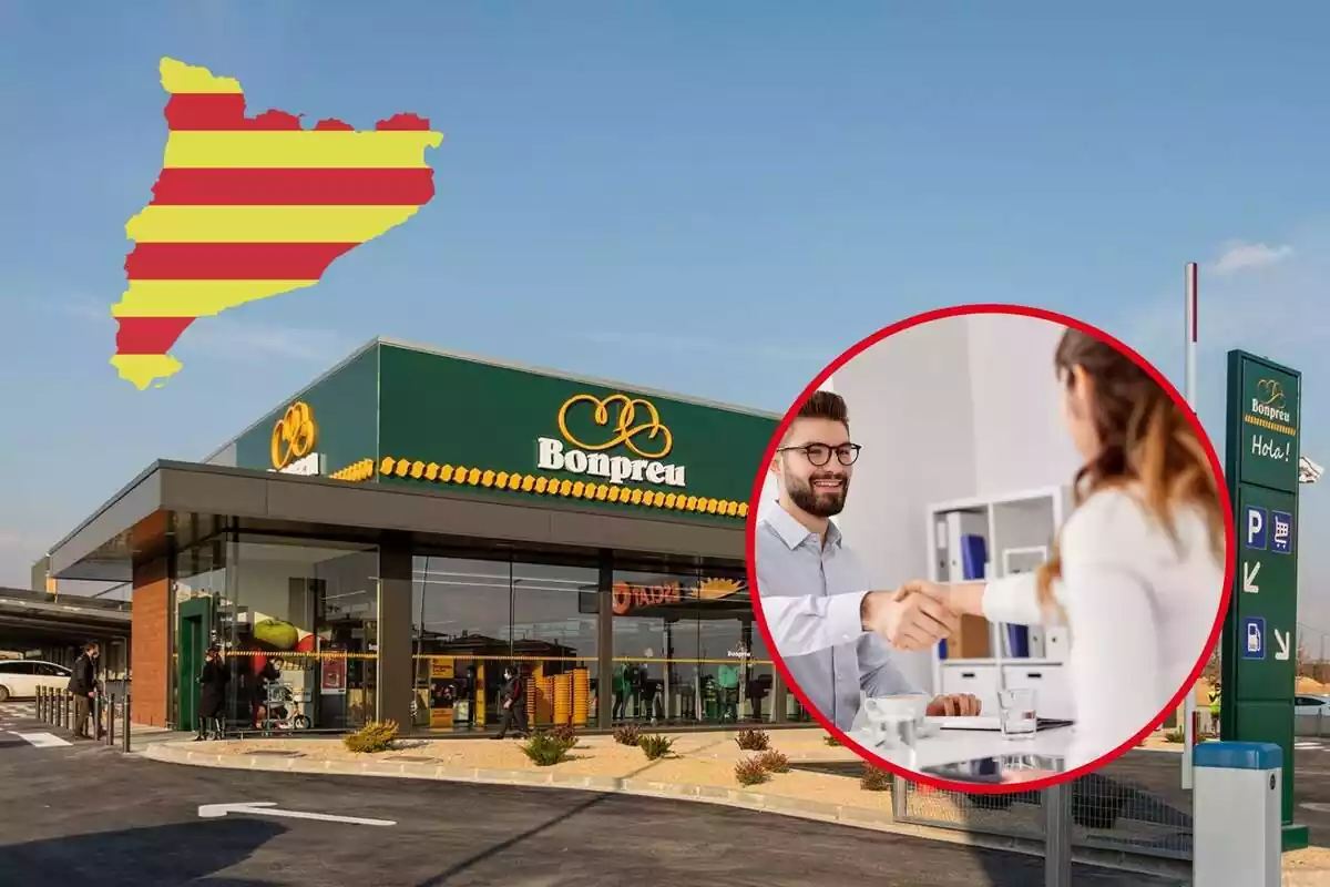 Fotomontaje con un fondo de un supermercado Bonpreu, una bandera catalana y una foto de una entrevista de trabajo dentro de un marco circular