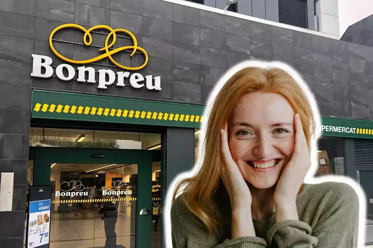 Fotomontaje de un supermercado Bonpreu con una chica contenta