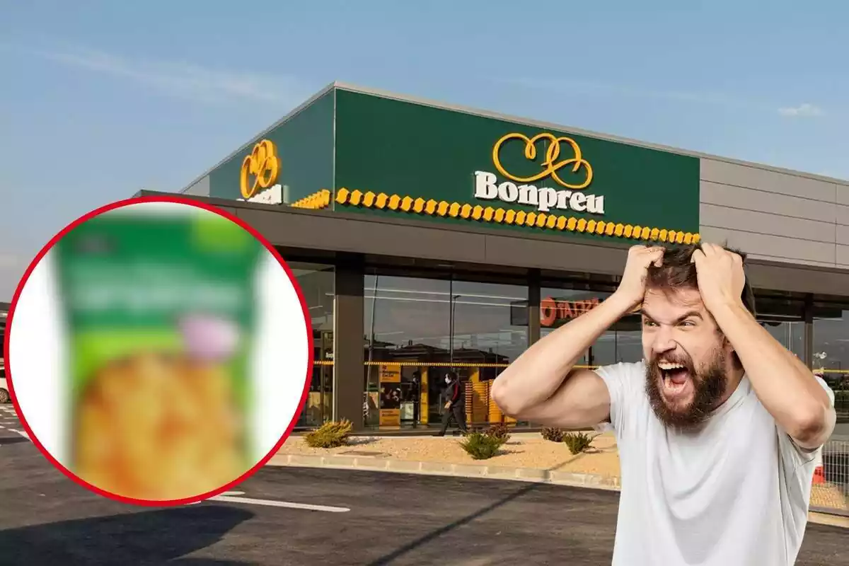 Fotomontaje con un fondo de un supermercado Bonpreu, un hombre enfadado y una bolsa de patatas campesinas difuminada y enmarcada