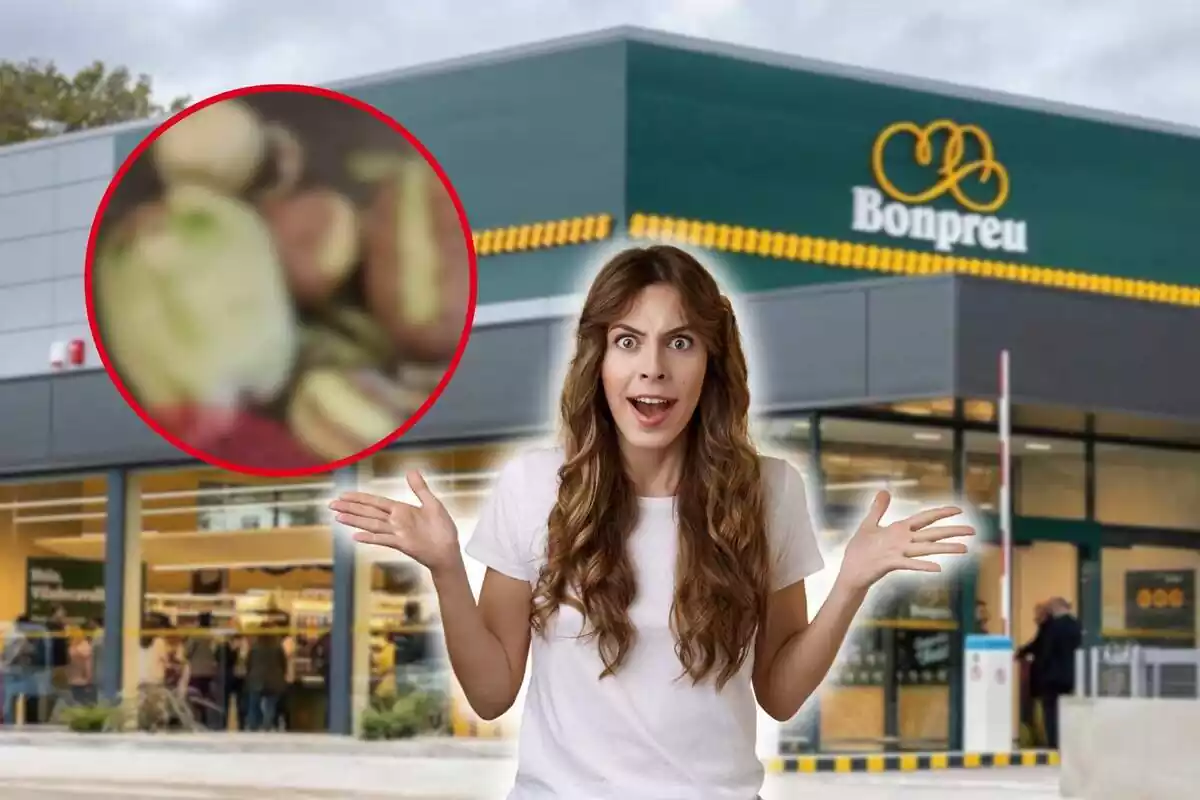 Montaje fotográfico entre una imagen de un supermercado Bonpreu y una persona enfadada