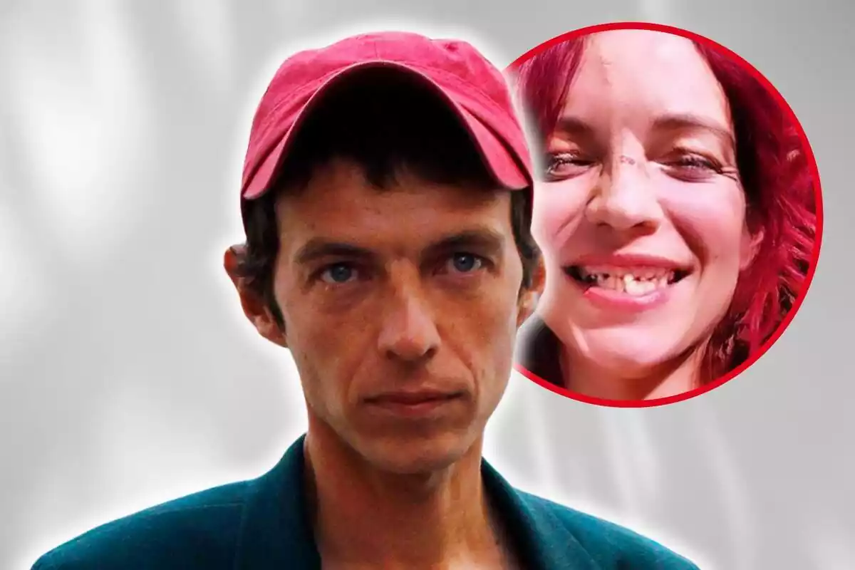 Fotomontaje con el rostro de Camilo Blanes al frente y una imagen de su Instagram como Sheila Devil en una redonda roja