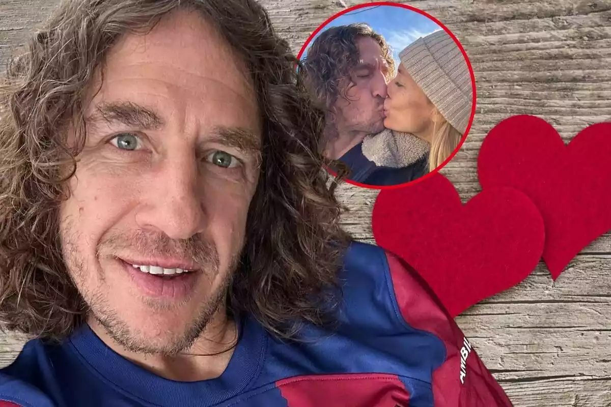 Fotomontaje de Carles Puyol con una imagen de Vanesa Lorenzo, su mujer, y un fondo con dos corazones