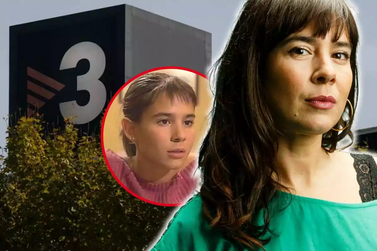 Una mujer con cabello largo y oscuro, vestida con una blusa verde, aparece en primer plano; en el fondo se ve un edificio con el logotipo del canal 3 y una imagen circular de una niña.