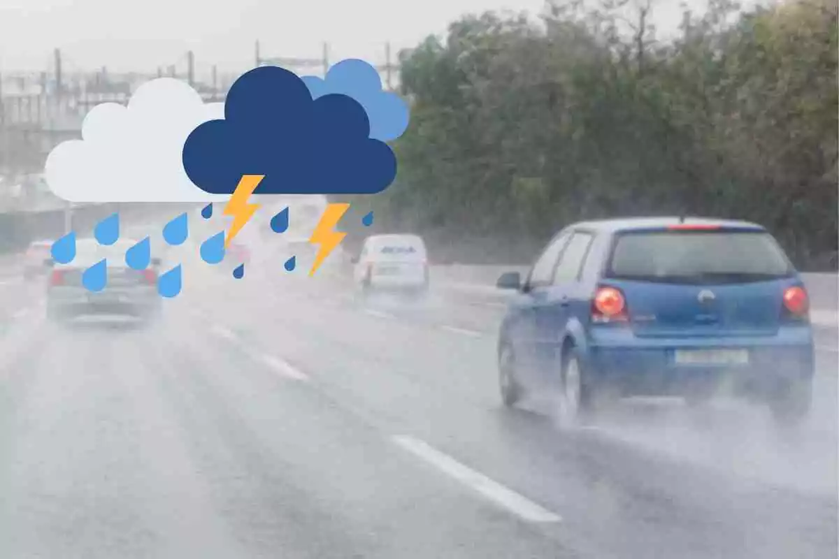 Fotomontaje con una carretera y con emojis de nubes, lluvia y tormenta