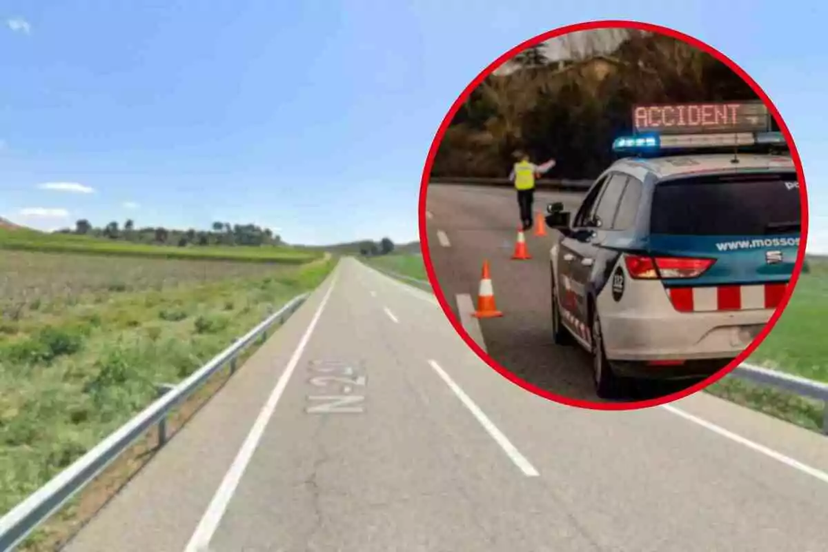 Carretera vacía con un recuadro que muestra un accidente de tráfico y un coche de policía.