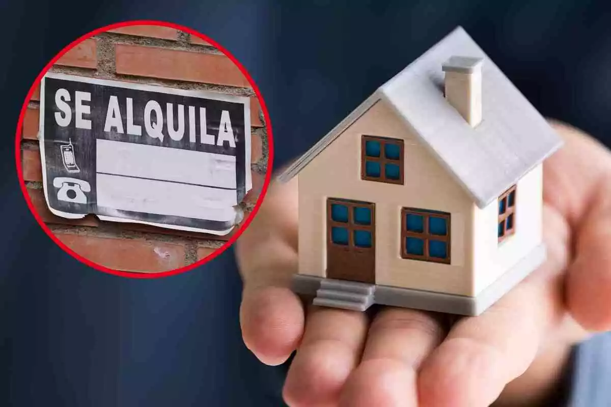 Fotomontaje con una imagen de fondo de la maqueta de una casa y una redonda roja con un cartel de 'Se alquila'