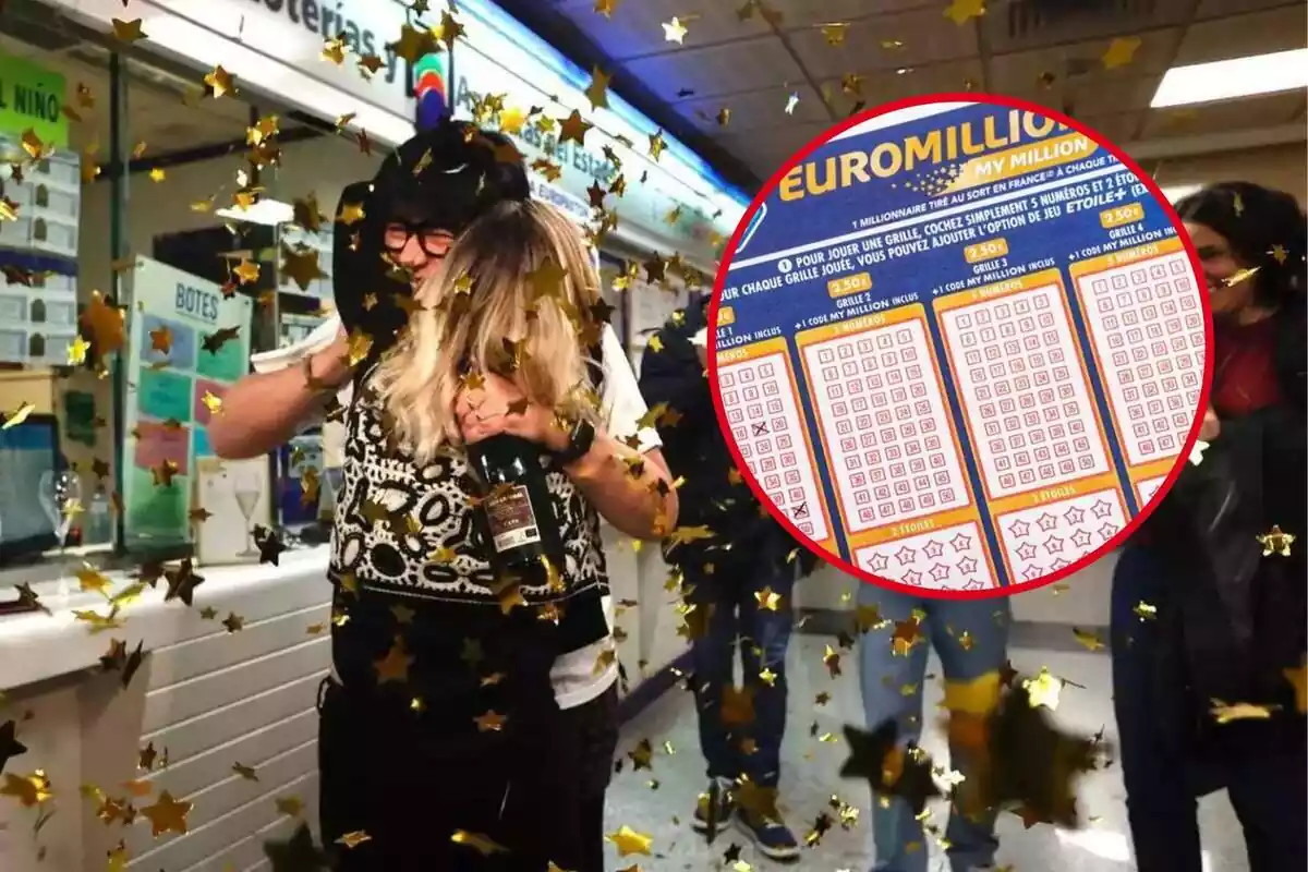 Montaje fotográfico entre dos personas celebrando que les ha tocado la lotería y un boleto del Euromillones