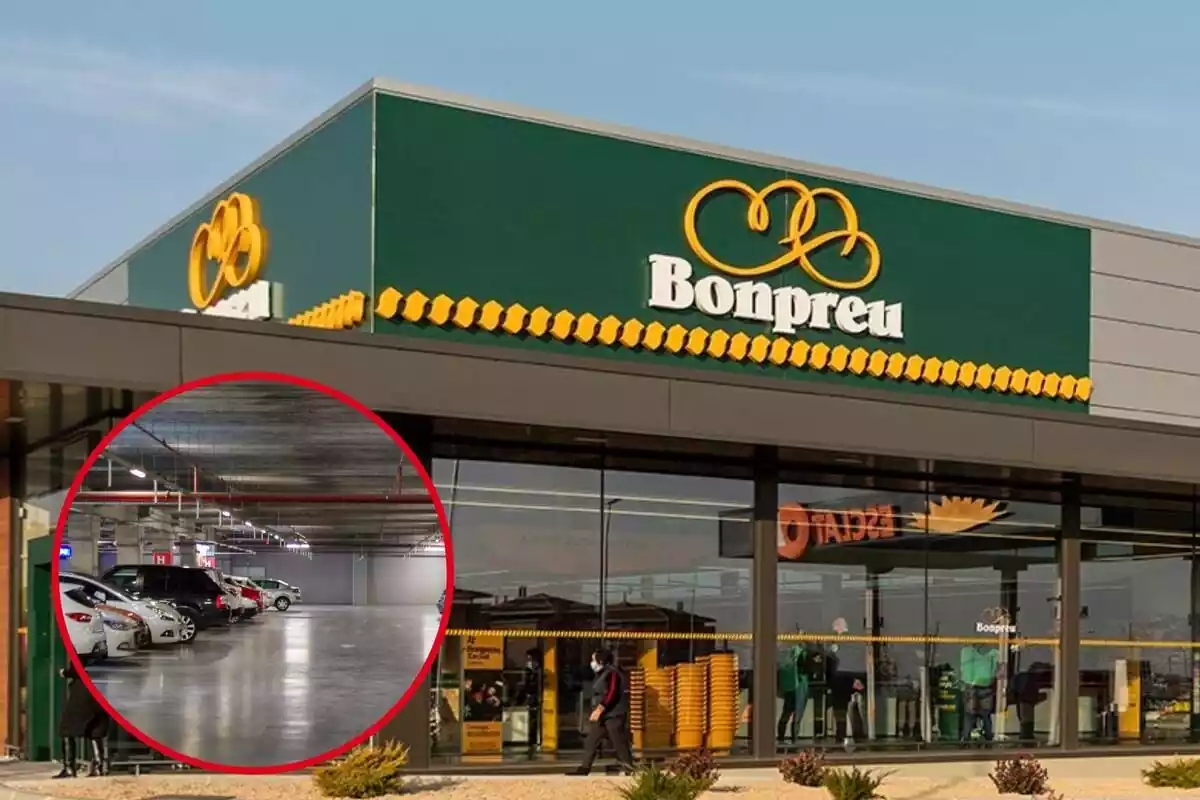 Fotomontaje con una imagen de fondo del exterior de un supermercado Bonpreu y una redonda roja al frente con un parking