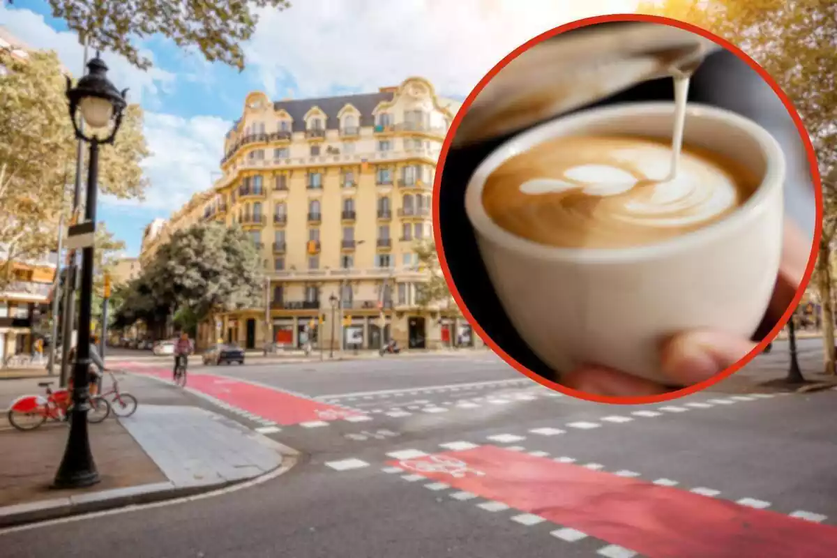 Fotomontaje con una imagen de fondo de la ciudad de Barcelona y al frente una redonda roja con un café con leche