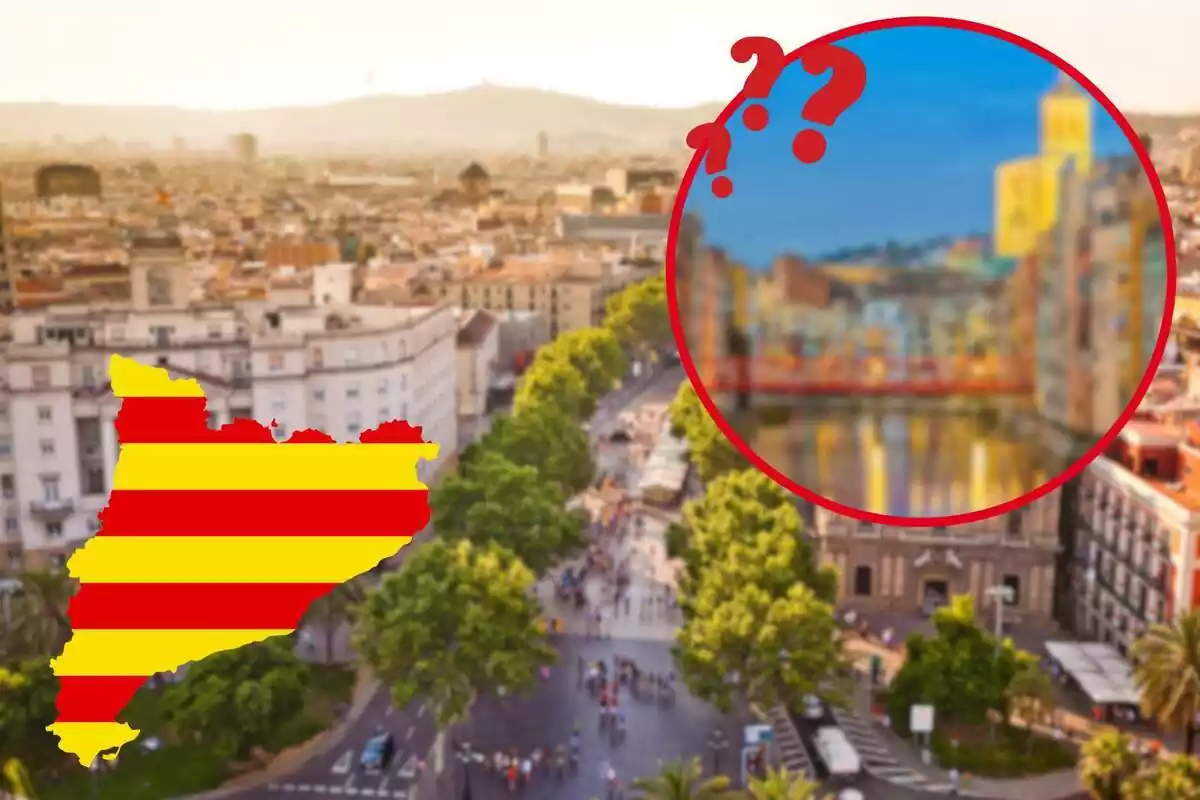 Fotomontaje con una imagen de una ciudad de fondo, frente a una redonda roja con una foto difuminada de Girona con interrogantes y un mapa de Cataluña con la bandera catalana