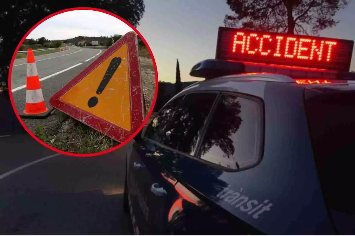 Señal de advertencia de peligro en una carretera junto a un cono de tráfico, con un coche de policía y un letrero luminoso que indica "ACCIDENT" en el fondo.