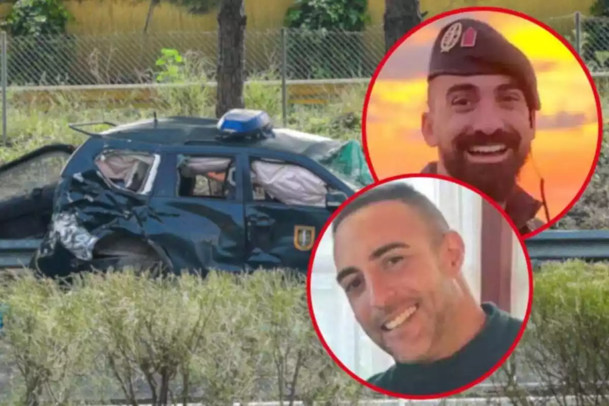 Fotomontaje con una imagen de fondo del coche de la Guardia Civil atropellado en la AP-4 y los rostros de los guardia civiles Eneko y Juan Jesús