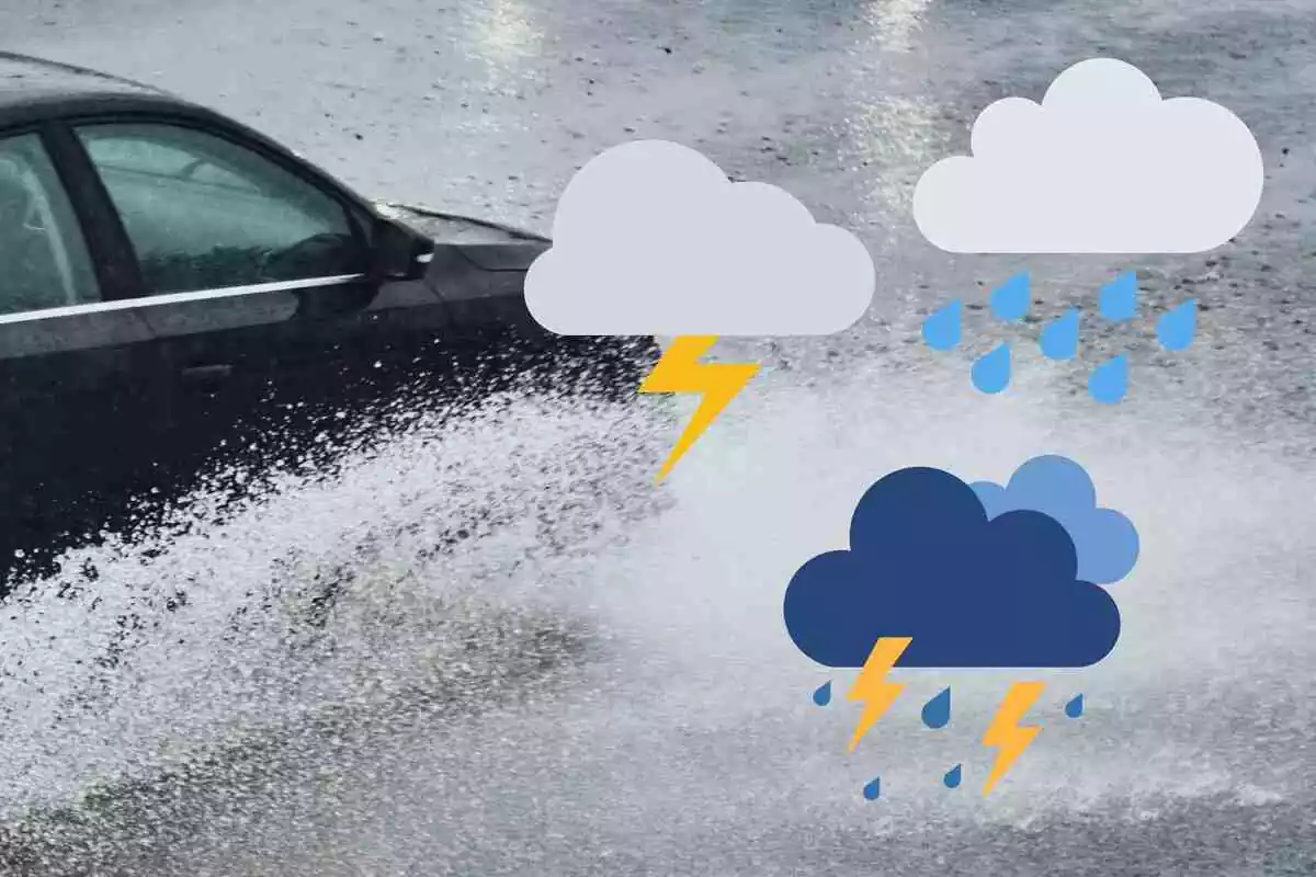 Fotomontaje con una imagen de un coche en un temporal de lluvia intensa y al frente varios emojis de nubes con lluvia y tormentas