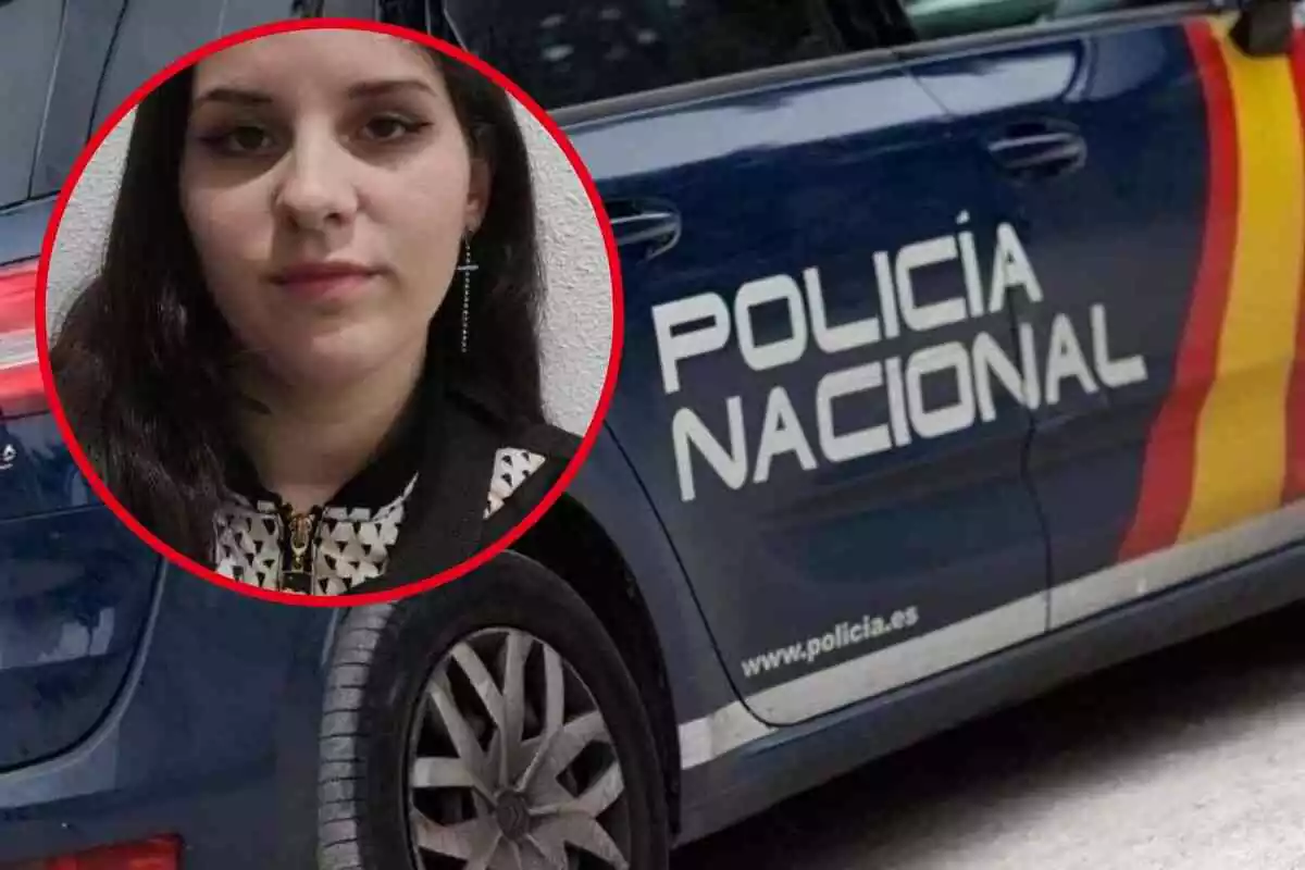 Fotomontaje con una imagen de fondo de un coche de la Policía Nacional y una redonda roja con Helena, la menor de 15 años desaparecida