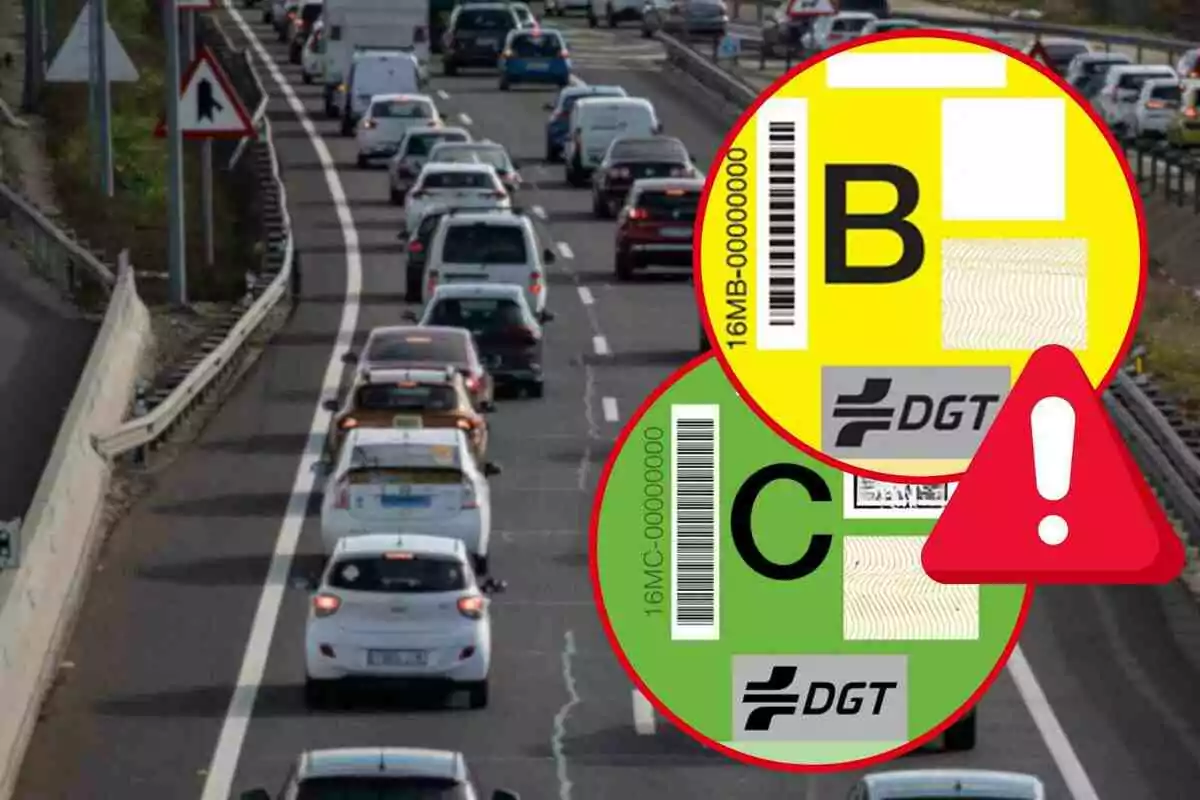 Fotomontaje con una imagen de fondo de coches en una carretera y al frente dos redondas rojas con las etiquetas B y C y un símbolo de alerta