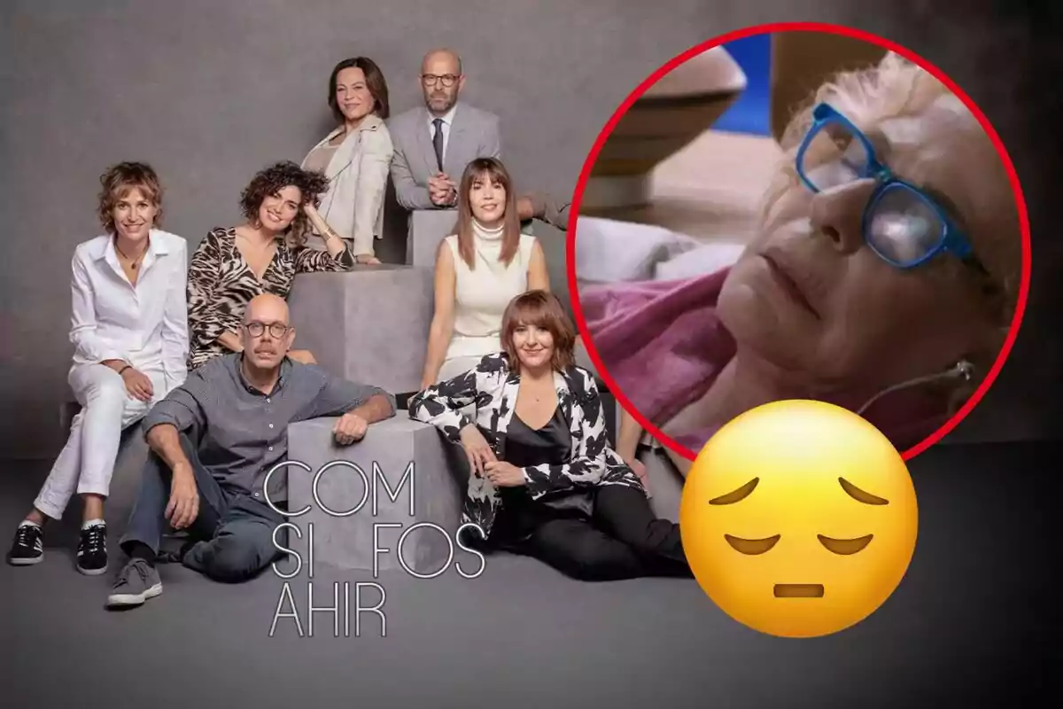 Un grupo de personas posando en un estudio con un fondo gris y un texto que dice "Com si fos ahir" junto a un círculo rojo que muestra a una persona mayor con gafas azules y un emoji de cara triste.