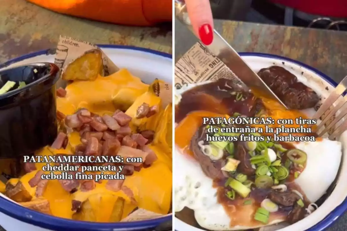 Fotomontaje con dos imágenes del tiktok de las patatas bravas del restaurante Papanato de Barcelona