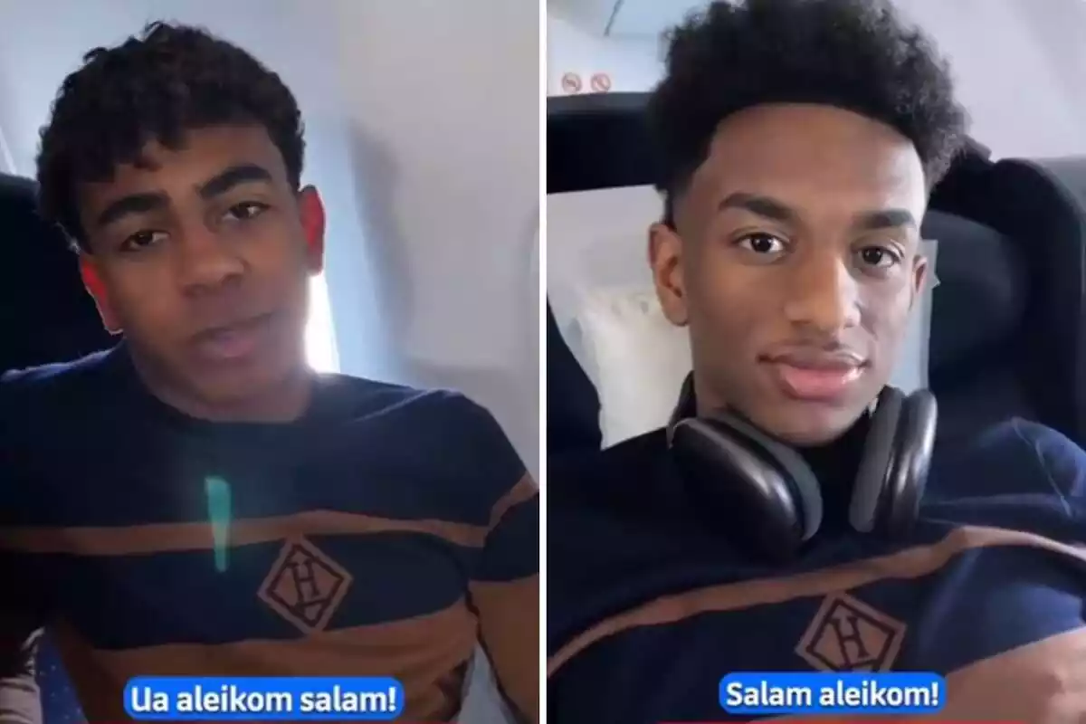 Fotomontaje con dos capturas del vídeo subido por el FC Barcelona de los jugadores del primer equipo hablando en árabe