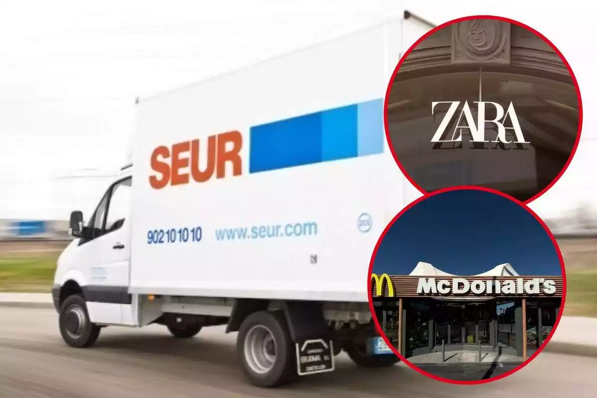 Fotomontaje con el camión de transporte de SEUR de fondo y dos redondas rojas al frente con los logos de Zara y McDonald's