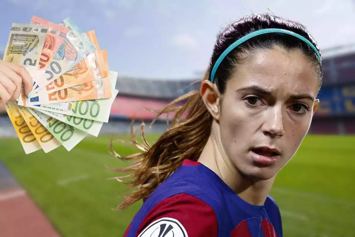 Fotomontaje con una imagen de fondo difuminada del Camp Nou y al frente un abanico de billetes de euro y la futbolista Aitana Bonmatí en medio de un partido con el FC Barcelona