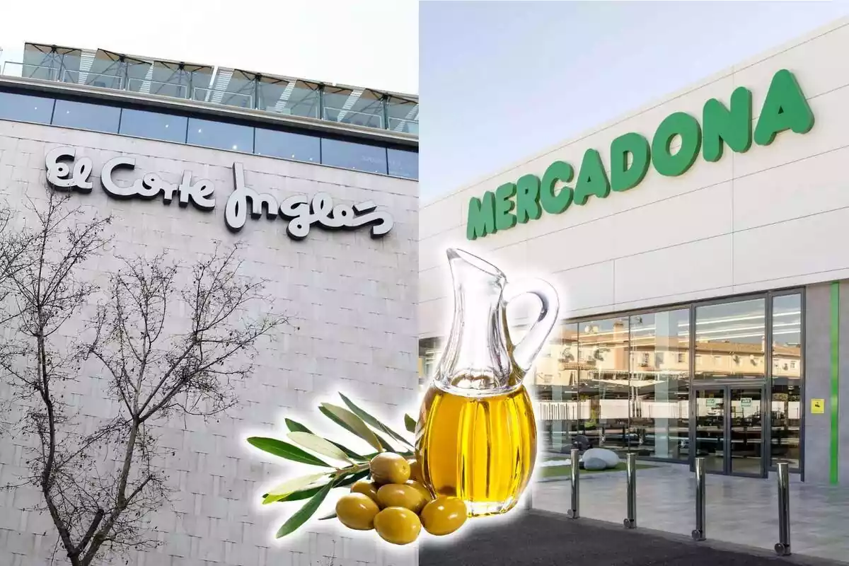 Fotomontaje con el exterior de un centro comercial El Corte Inglés, un supermercado Mercadona y aceite de oliva