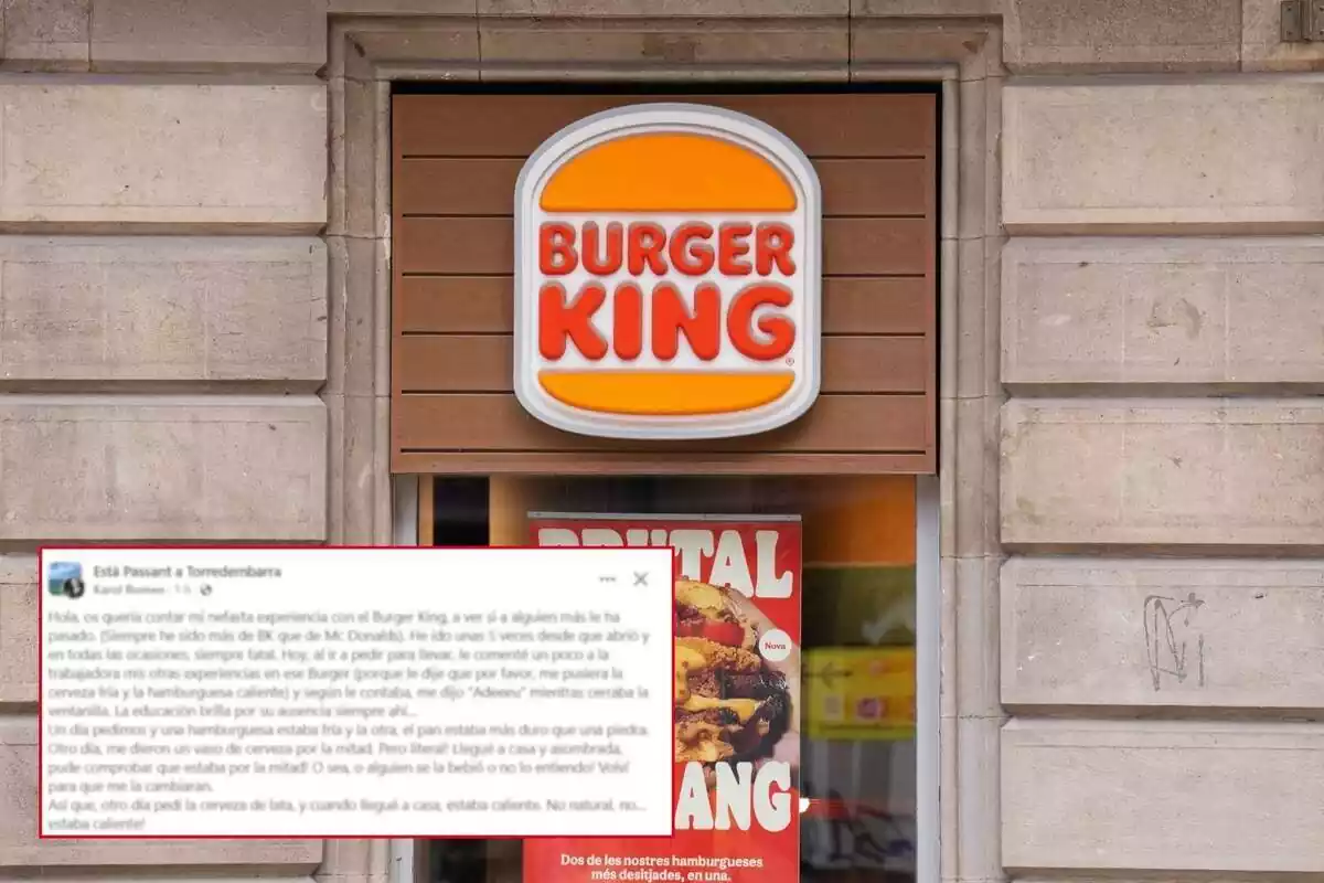 Fotomontaje con una imagen de fondo del exterior de un restaurante Burger King de Barcelona y al frente el mensaje de una clienta en Facebook