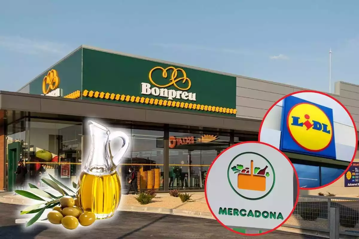 Fotomontaje con un fondo de un supermercado Bonpreu, dos redondas con los logos de Mercadona y Lidl, y un aceite de oliva al frente