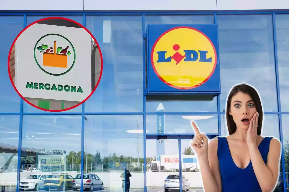Fotomontaje con una imagen de fondo del exterior de un supermercado Lidl, y al frente una redonda roja con el logo de Mercadona y una mujer sorprendida y señalando hacia arriba