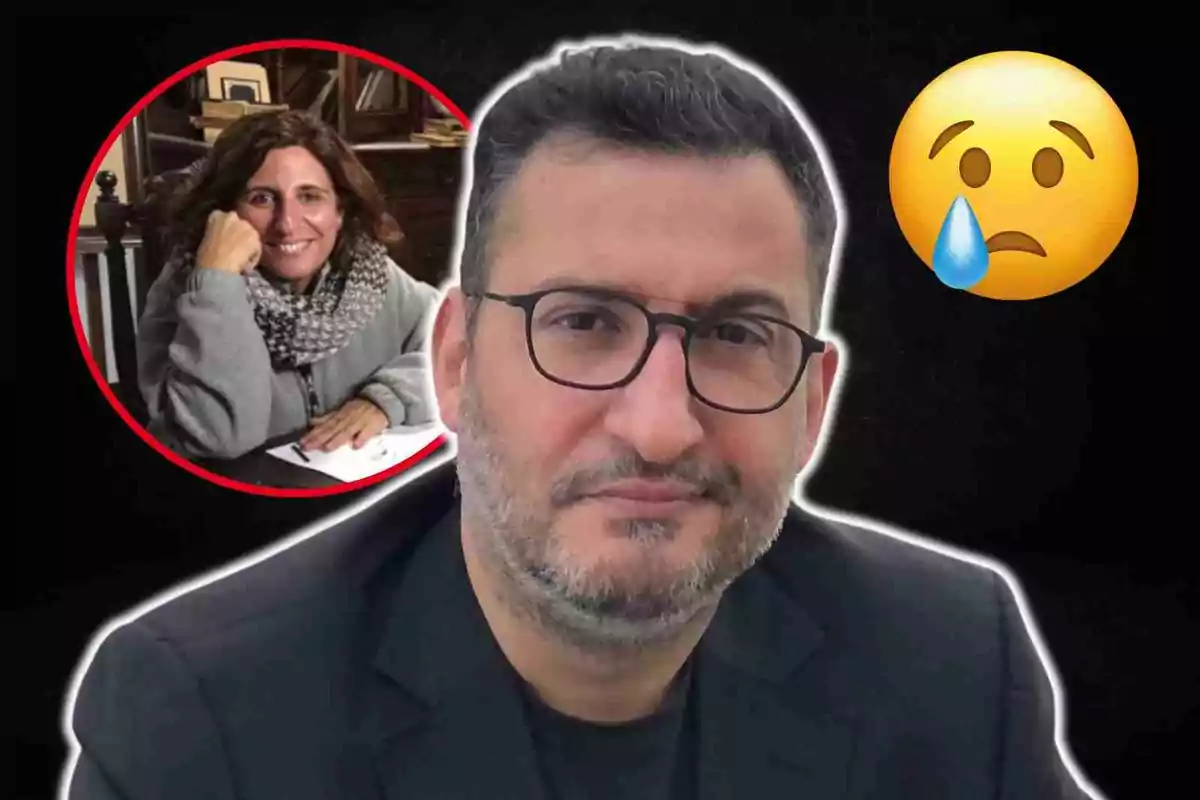 Toni Soler con gafas y barba en primer plano, Sílvia Soler sonriendo en un círculo rojo en la esquina superior izquierda y un emoji triste con una lágrima en la esquina superior derecha.