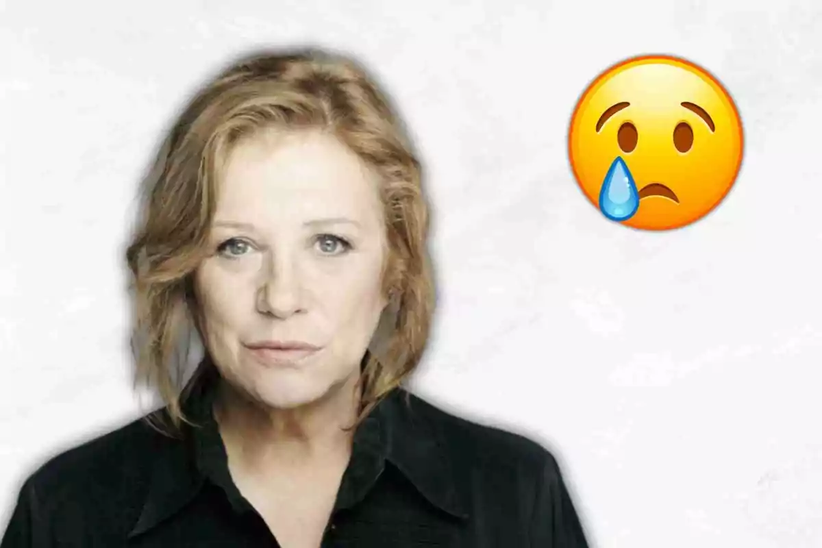 Mercè Arànega con expresión seria junto a un emoji de cara triste con una lágrima.