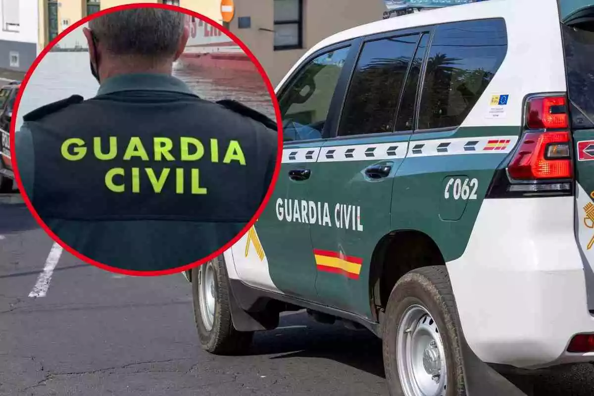 Fotomontaje con una imagen de fondo de un coche de la Guardia Civil y una redonda roja al frente con un agente del cuerpo de espaldas