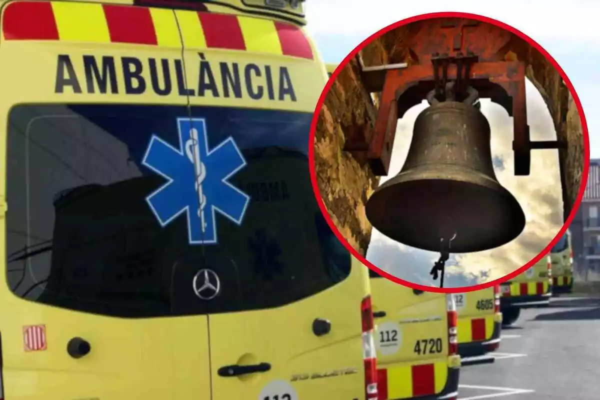 Fotomontaje con una imagen de fondo de una ambulancia del SEM y al frente una redonda roja con una campana